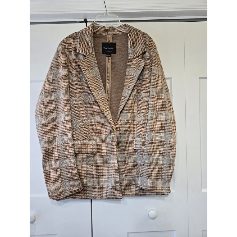 Sanctuary Womens Plaid Single Button Blazer Brown Tan Large Fall Preppy Layer